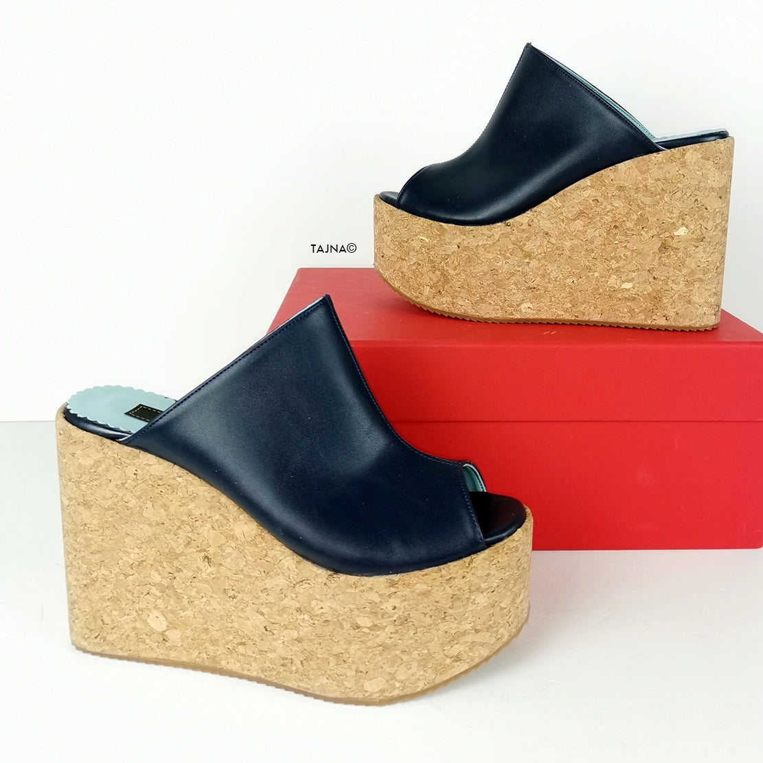 Dark Navy Blue Cork Wedge Platform Mules - Tajna Club