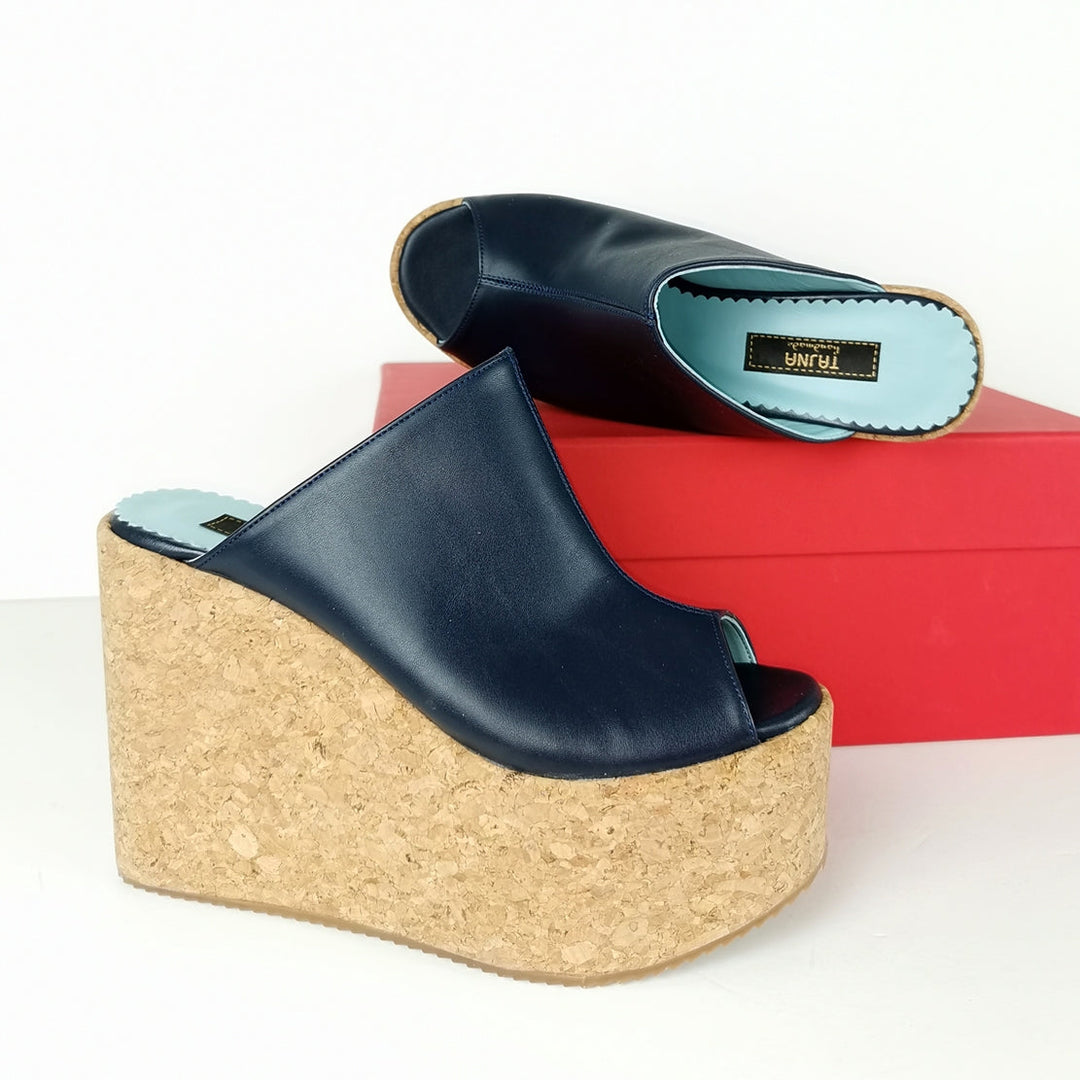 Dark Navy Blue Cork Wedge Platform Mules - Tajna Club