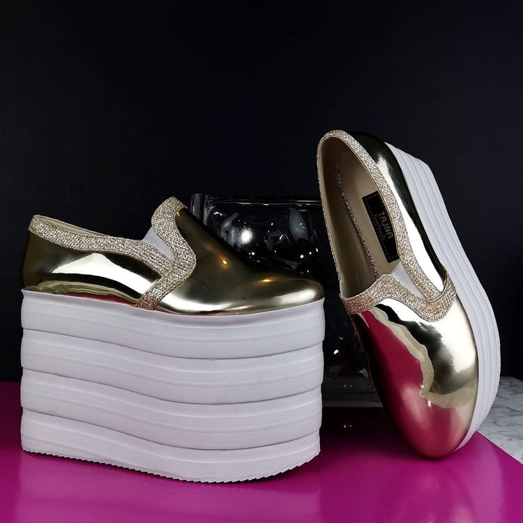 Gold Mirror Flat-form Wedge Sneakers - Tajna Club
