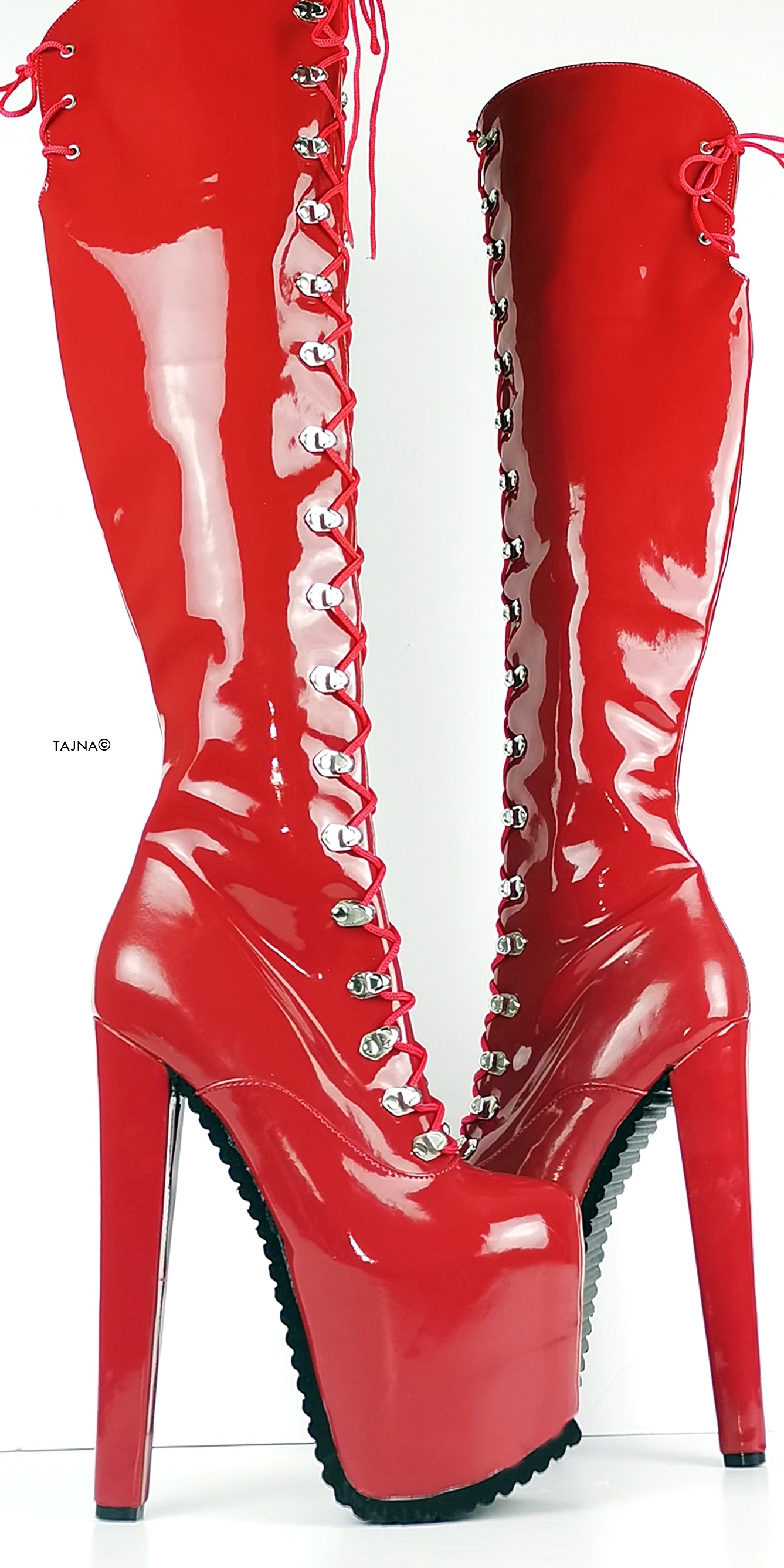 Serrated Sole Red Military Lace Up Knee High Boots - Tajna Club