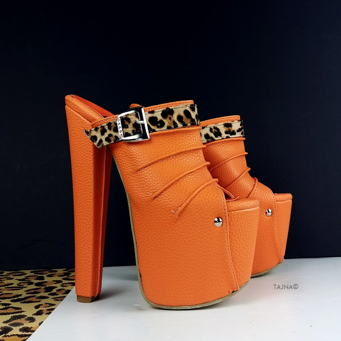 Orange Leopard Detail Platform Mules - Tajna Club