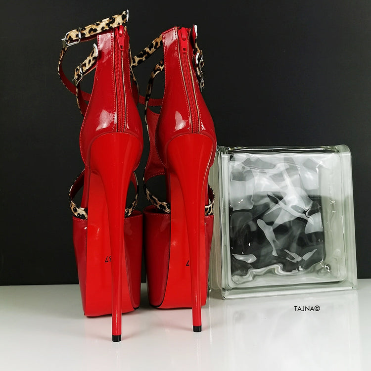 Red Patent Leopard Detail High Heels - Tajna Club