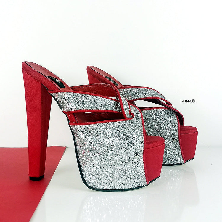 Red Silver Glitter Chunky Heel Mules - Tajna Club
