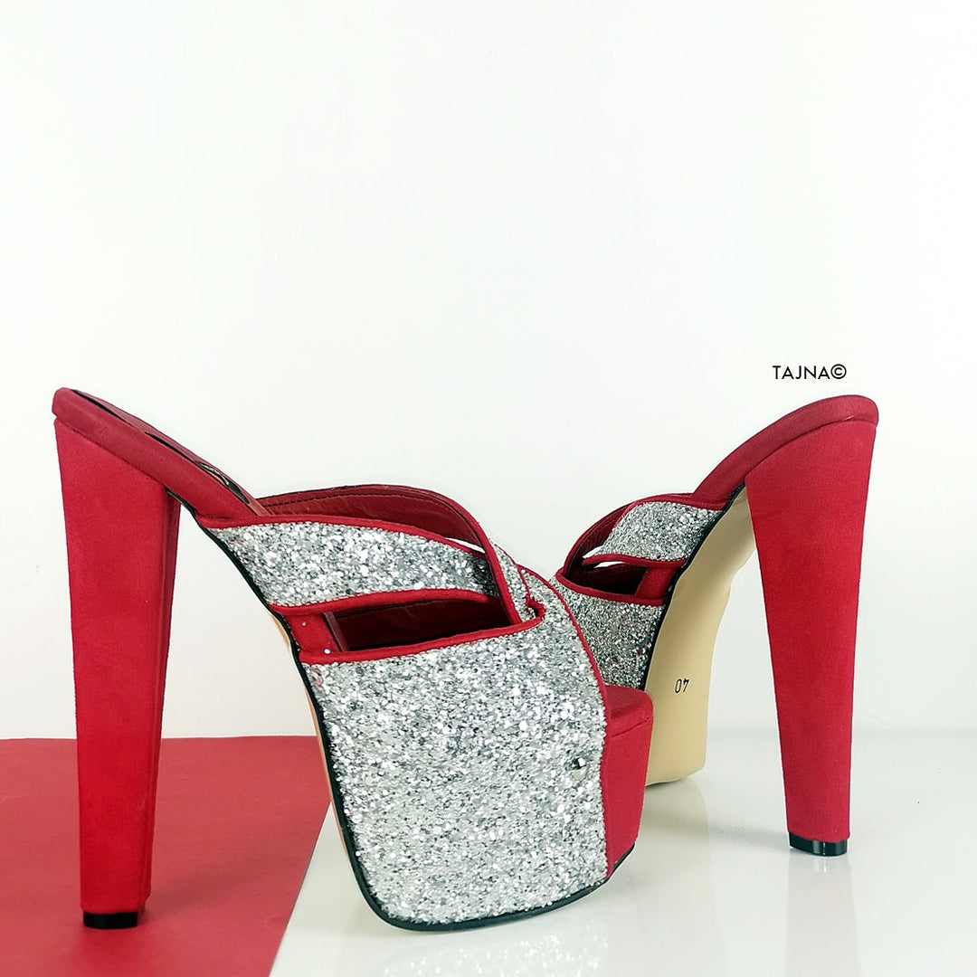 Red Silver Glitter Chunky Heel Mules - Tajna Club