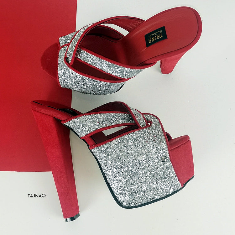 Red Silver Glitter Chunky Heel Mules - Tajna Club