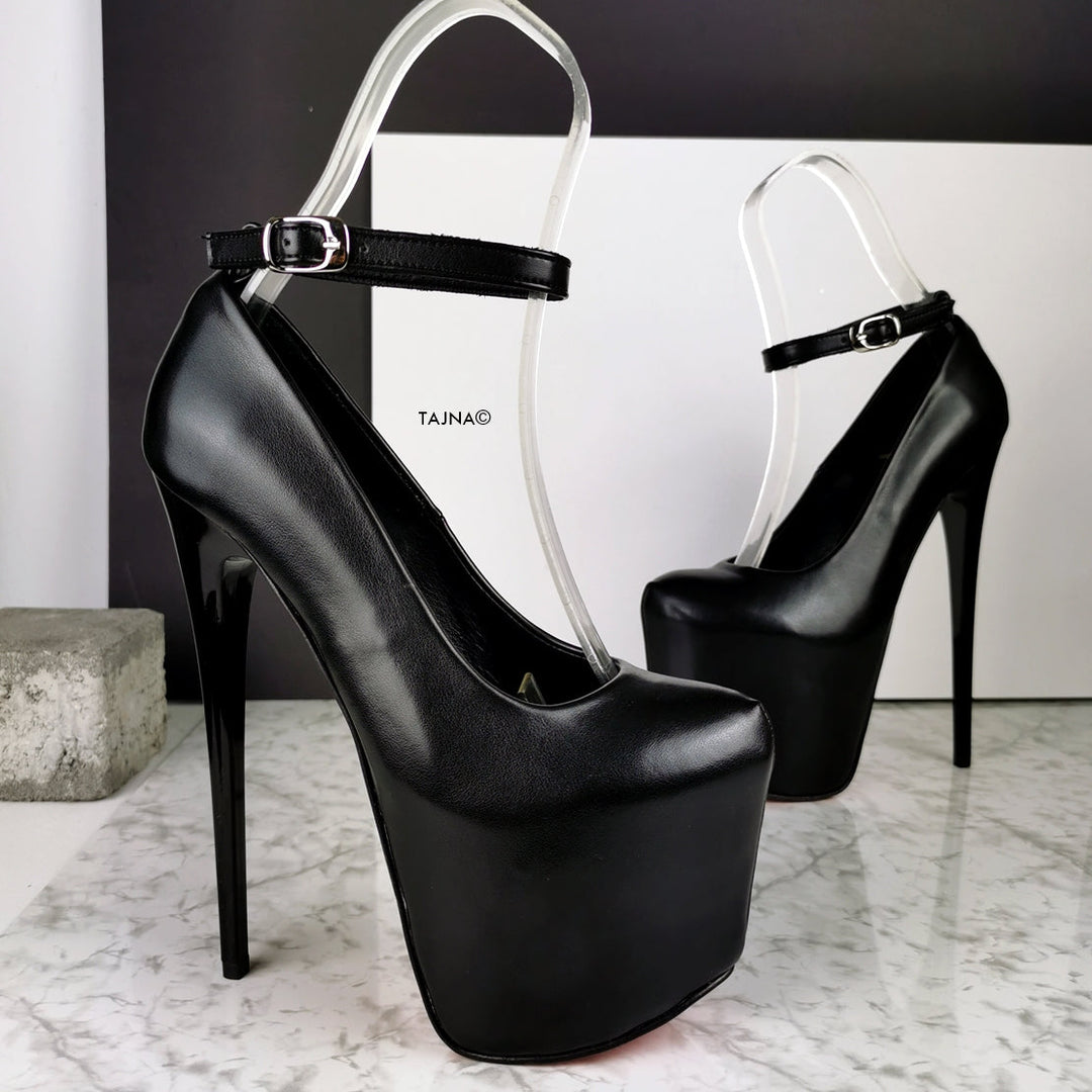 Black Matte Ankle Strap High Heels - Tajna Club