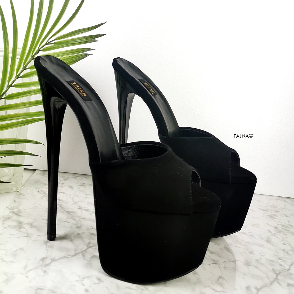 Black Suede High Heel Mules - Tajna Club