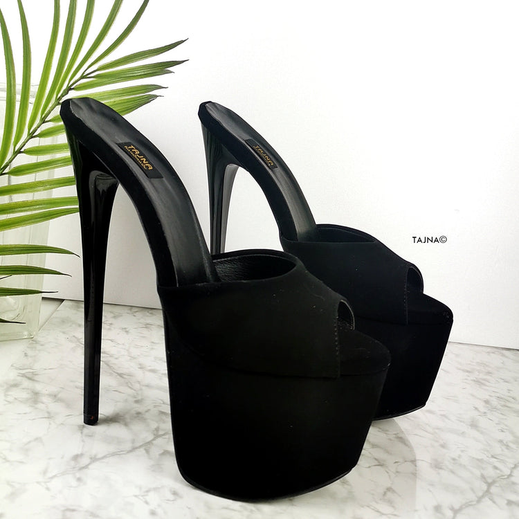 Black Suede High Heel Mules - Tajna Club