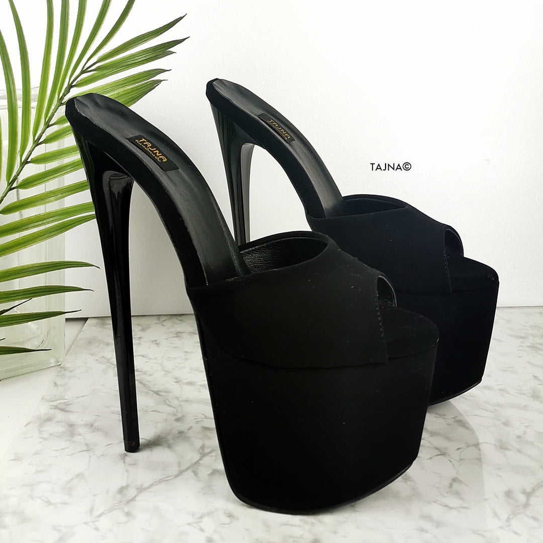 Black Suede High Heel Mules - Tajna Club