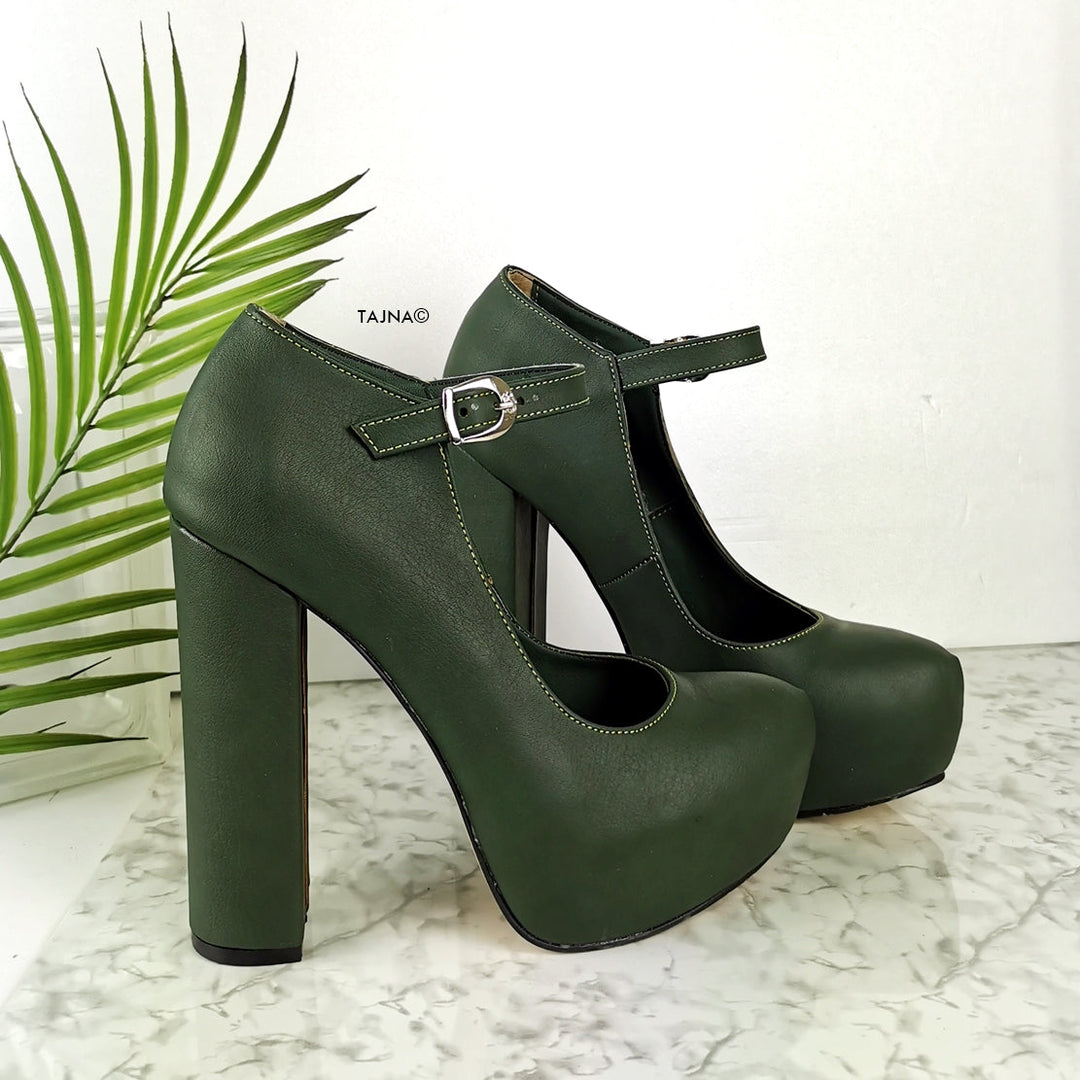 Dark Green 13 cm Chunky Heel Mary Jane Heels - Tajna Club