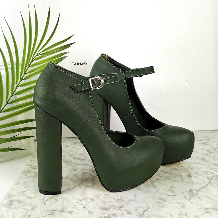 Dark Green 13 cm Chunky Heel Mary Jane Heels - Tajna Club