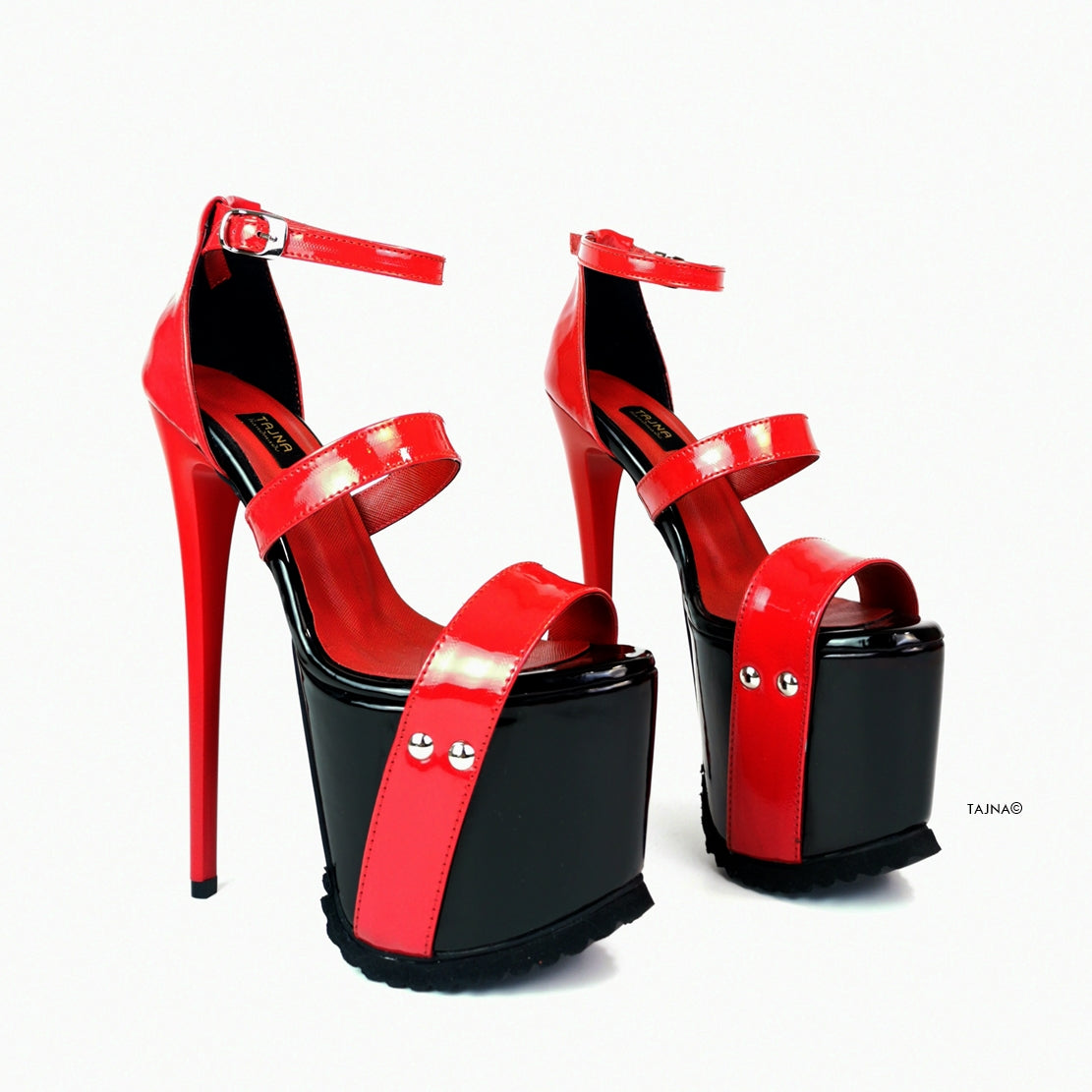 Black Red Patent Serrated Sole Platform Sandals - Tajna Club