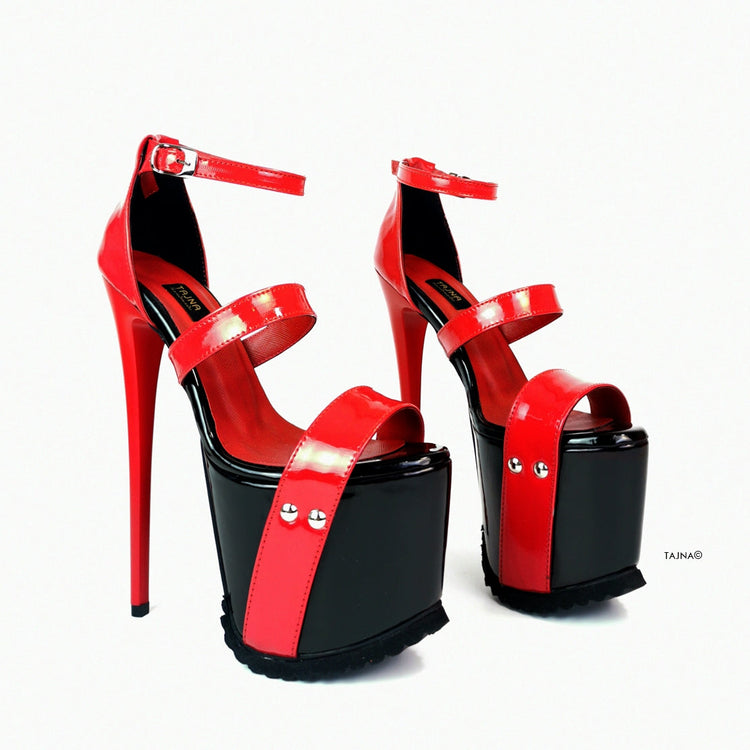 Black Red Patent Serrated Sole Platform Sandals - Tajna Club