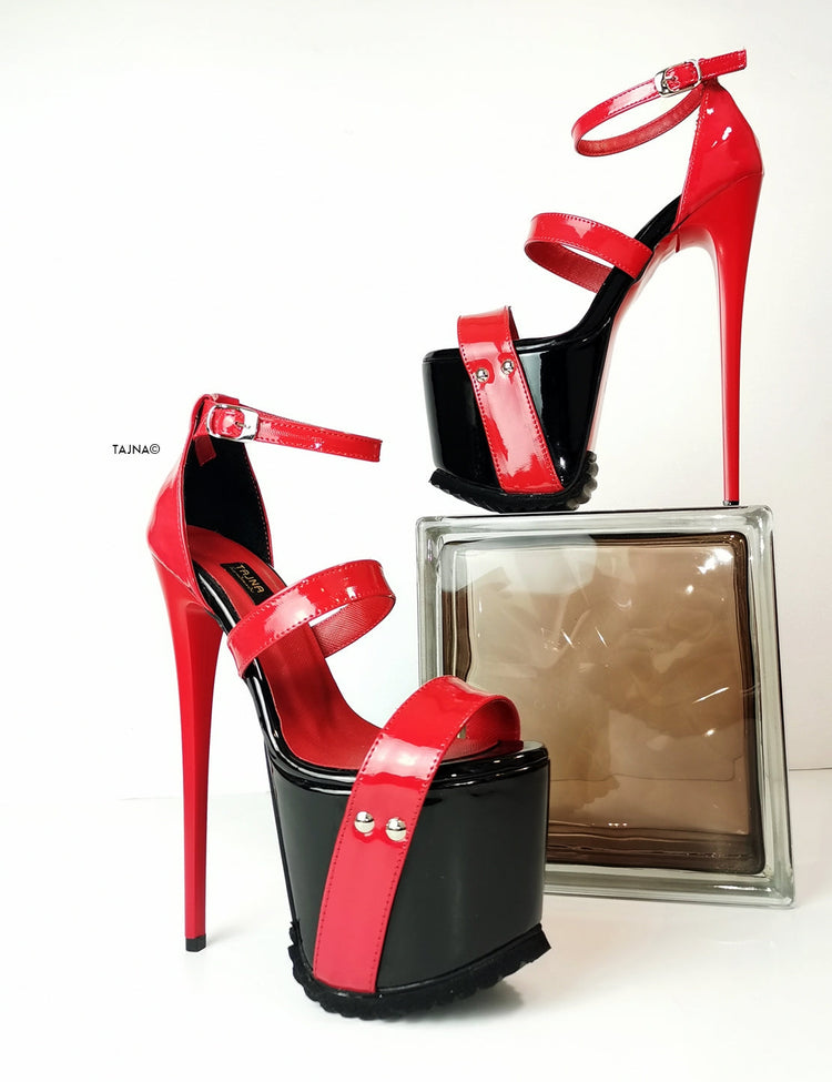 Black Red Patent Serrated Sole Platform Sandals - Tajna Club