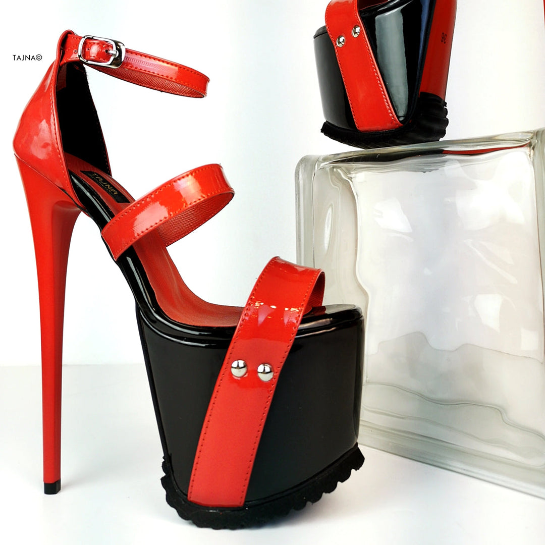 Black Red Patent Serrated Sole Platform Sandals - Tajna Club