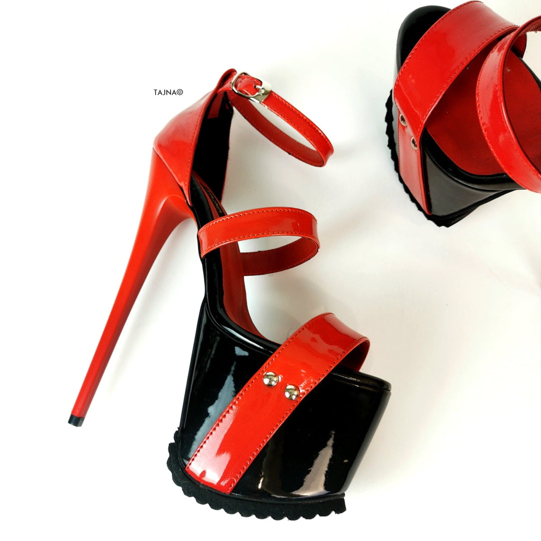 Black Red Patent Serrated Sole Platform Sandals - Tajna Club