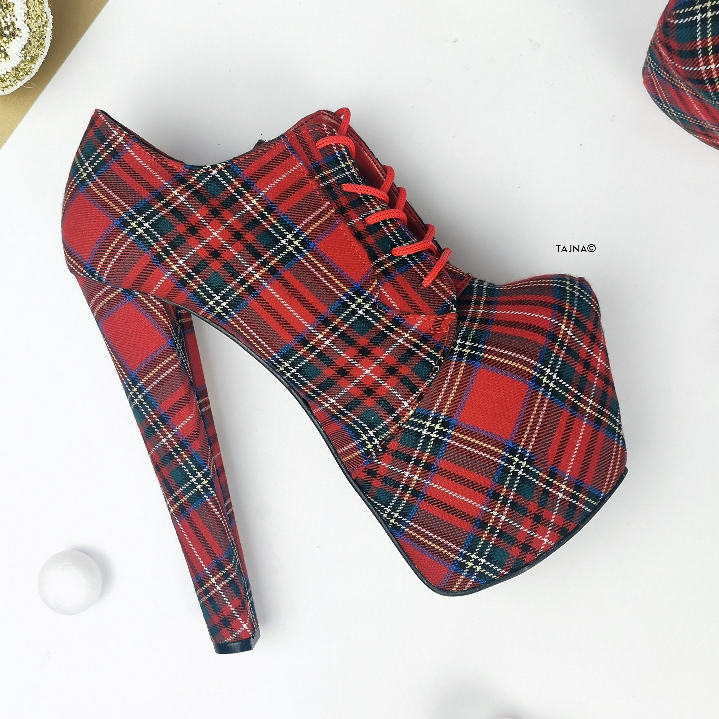 Tartan Red Plaid Oxford Chunky High Heels - Tajna Club