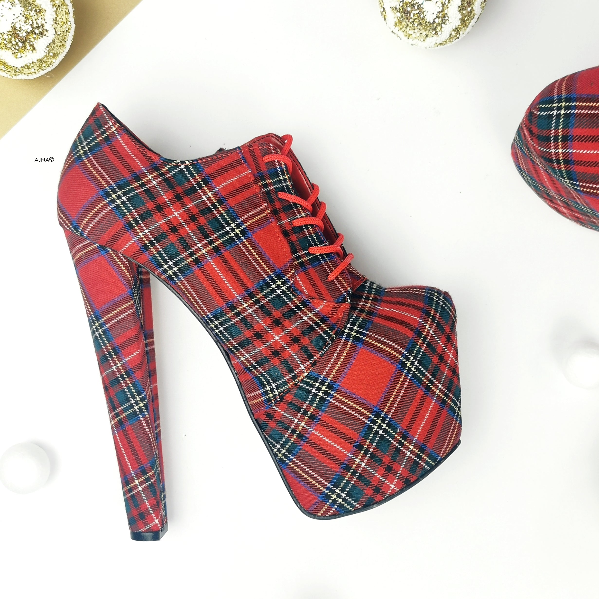 Tartan Red Plaid Oxford Chunky High Heels - Tajna Club