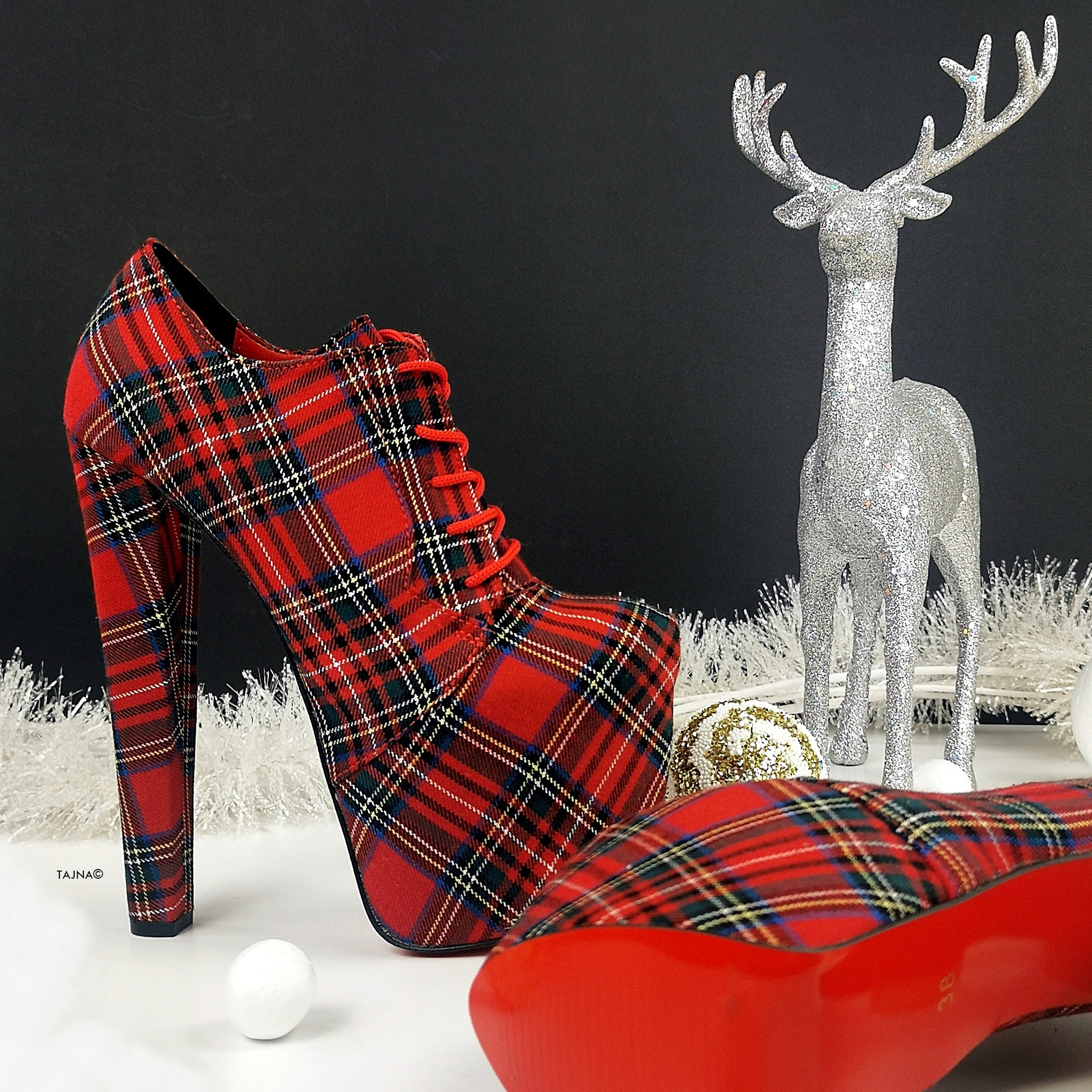 Tartan Red Plaid Oxford Chunky High Heels - Tajna Club