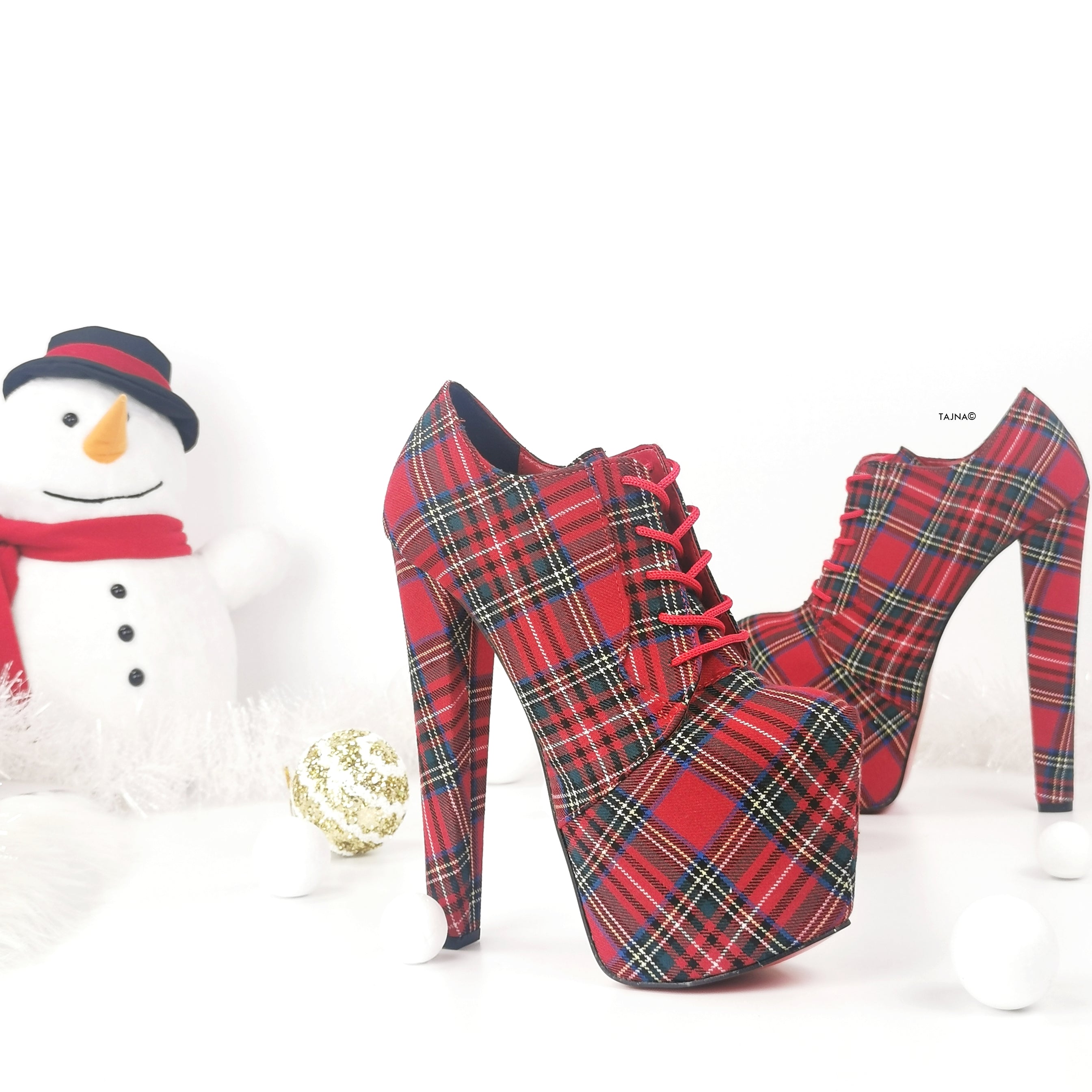 Tartan Red Plaid Oxford Chunky High Heels - Tajna Club