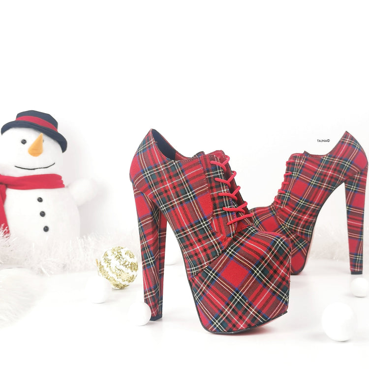Tartan Red Plaid Oxford Chunky High Heels - Tajna Club