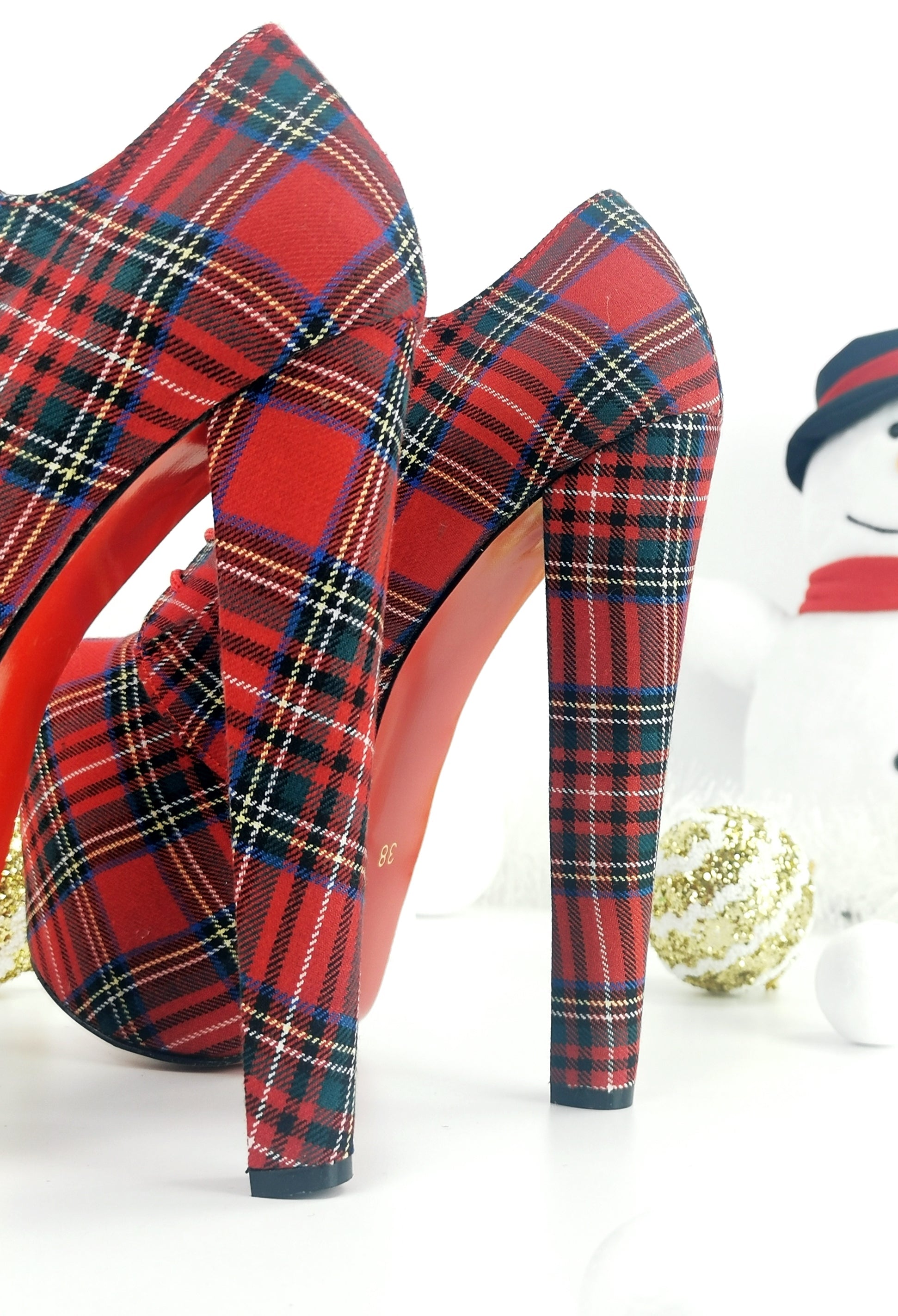 Tartan Red Plaid Oxford Chunky High Heels - Tajna Club