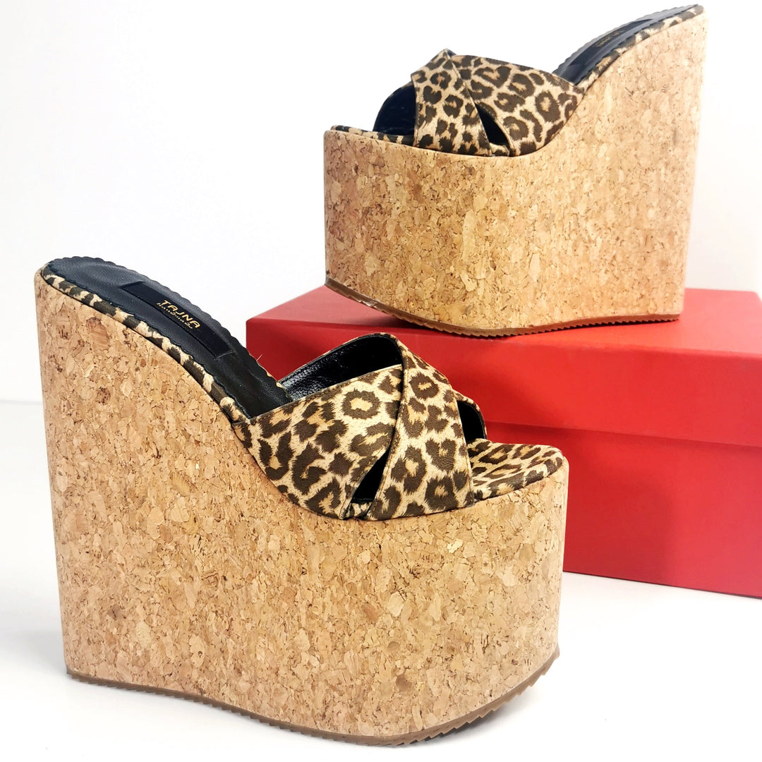 Cork Leopard Cross Strap Wedge Mules - Tajna Club