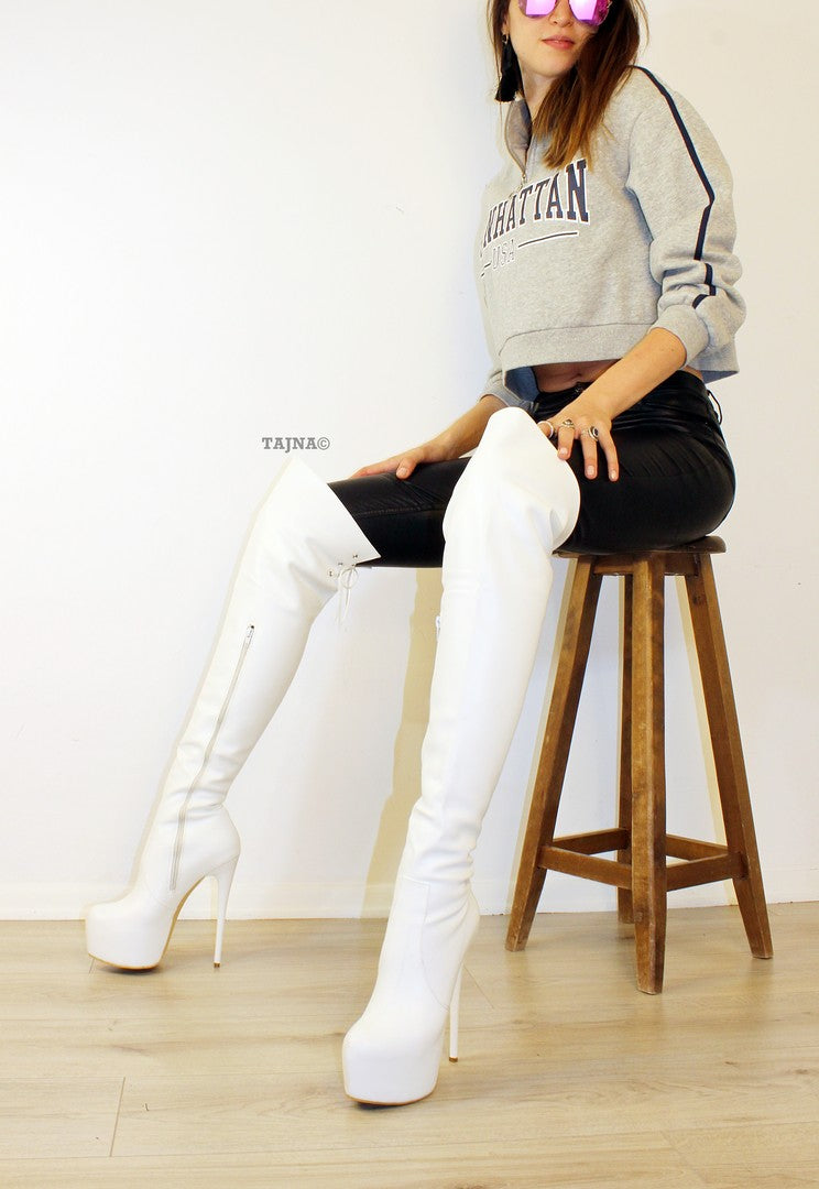 White Rope High Heel Platform Knee High Boots