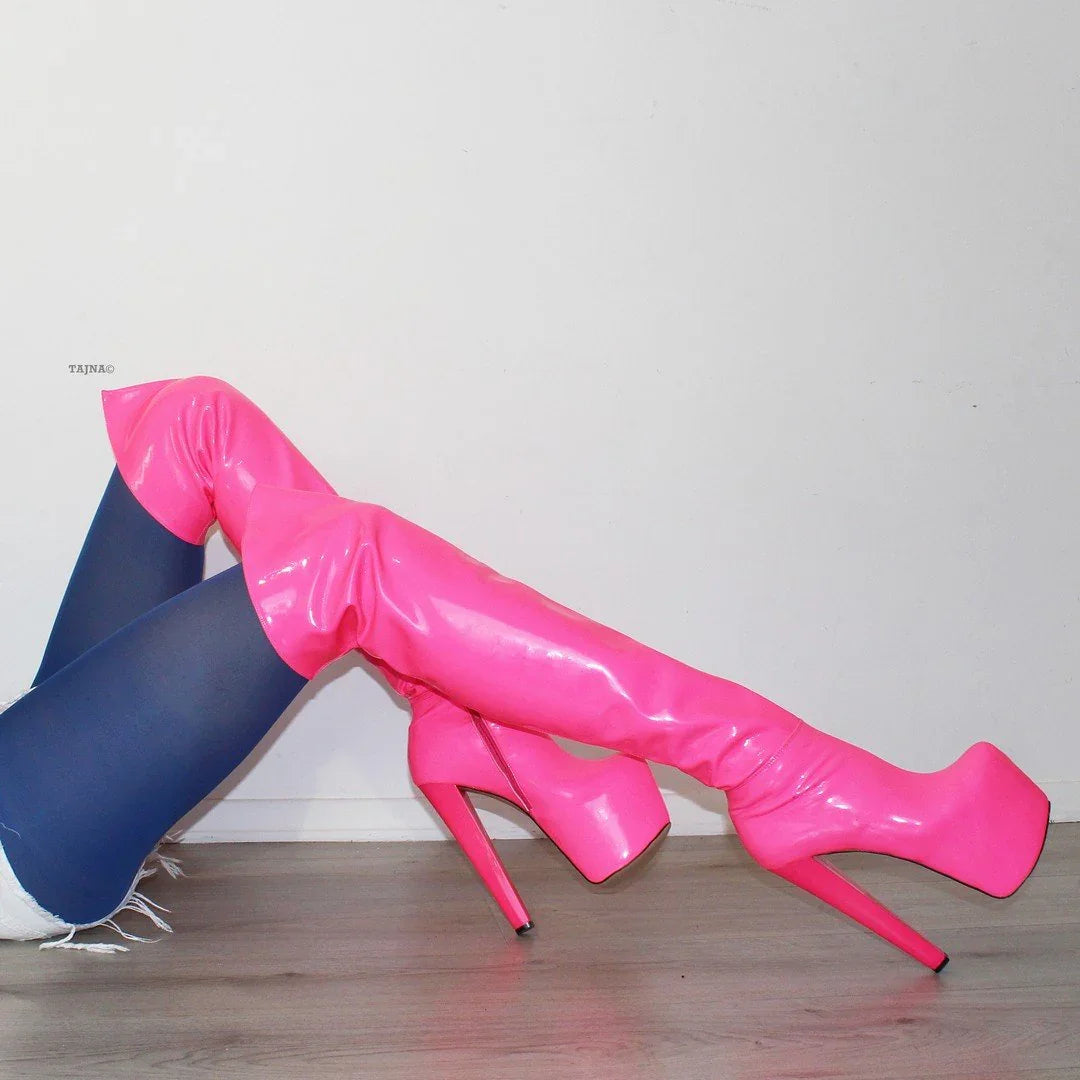 Strech Neon Pink Knee High Platform Boots