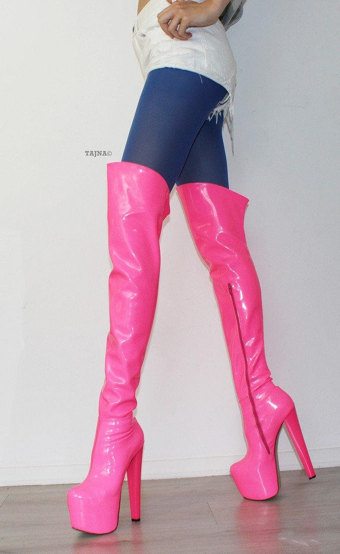 Strech Neon Pink Knee High Platform Boots - Tajna Club