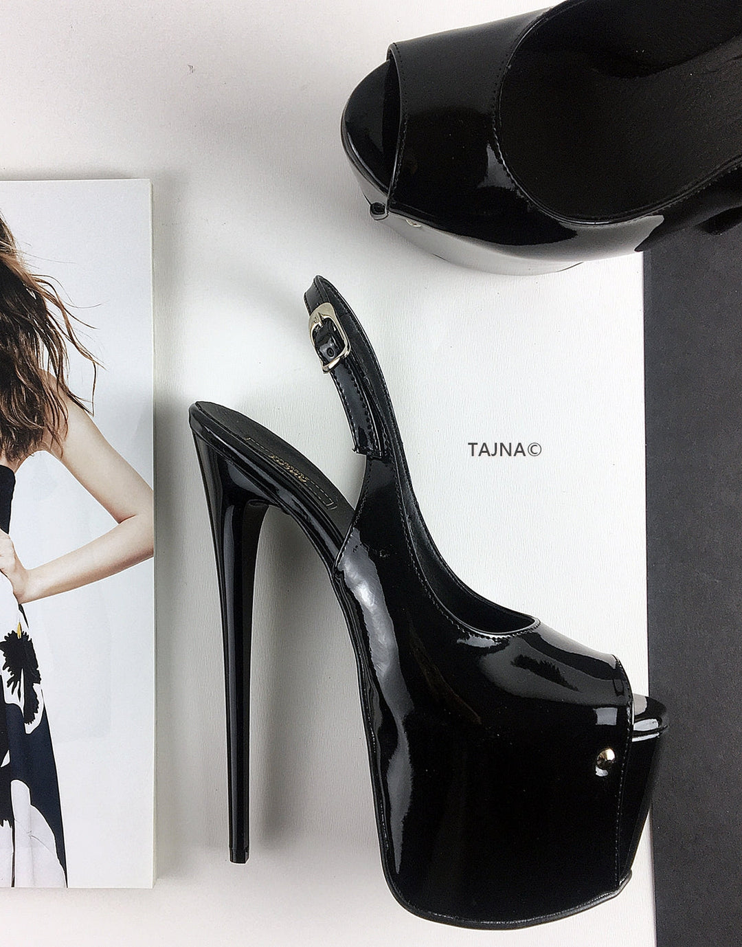 Black Patent Pencil Heel Platform Sandals - Tajna Club