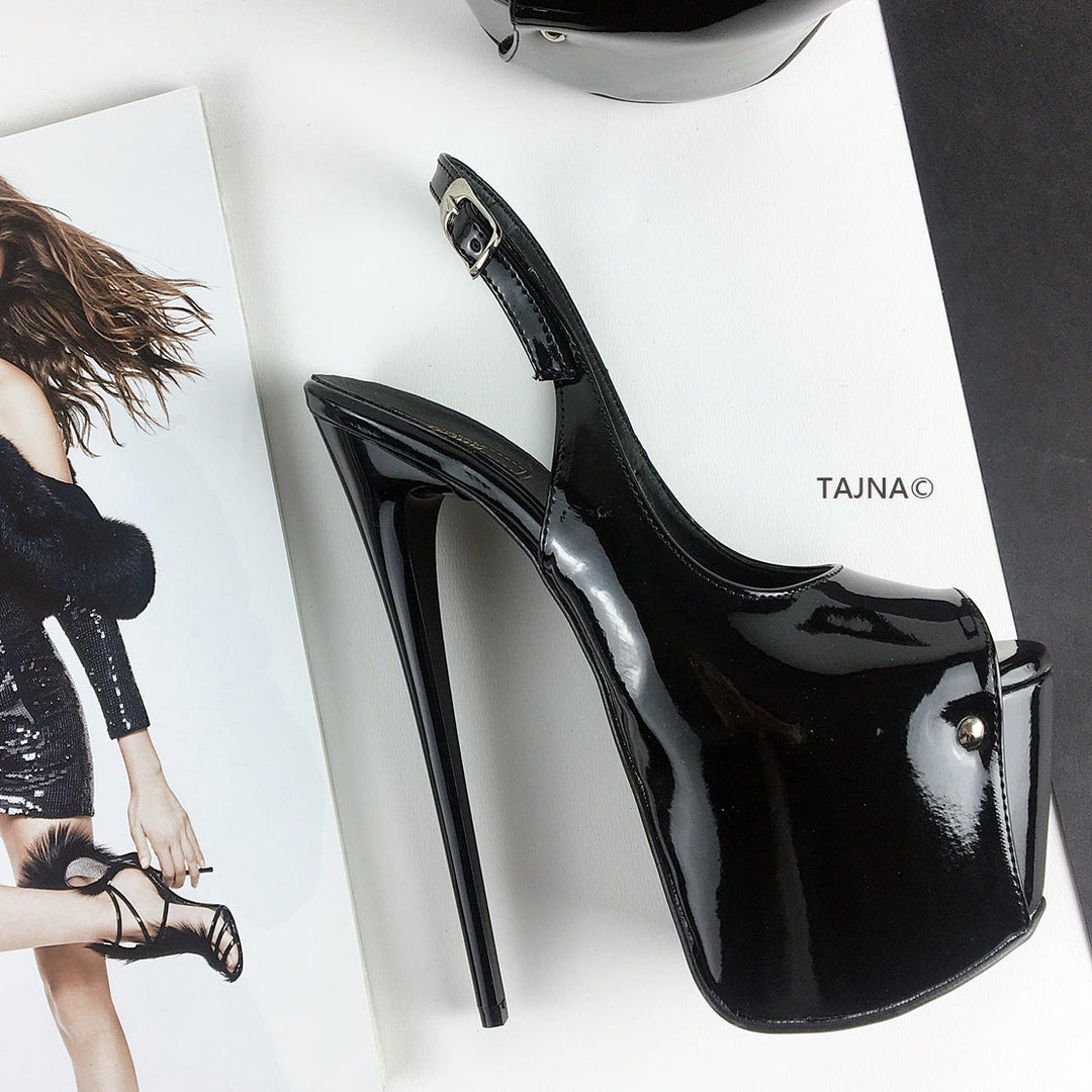 Black Patent Pencil Heel Platform Sandals - Tajna Club