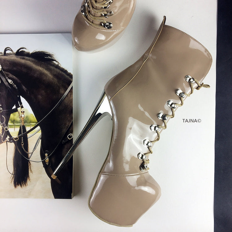 Beige Patent Military Lace Up Ankle Boots - Tajna Club