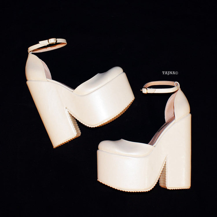 Ivory Closed Toe Ankle Strap Platform 20 cm Wedges - Tajna Club