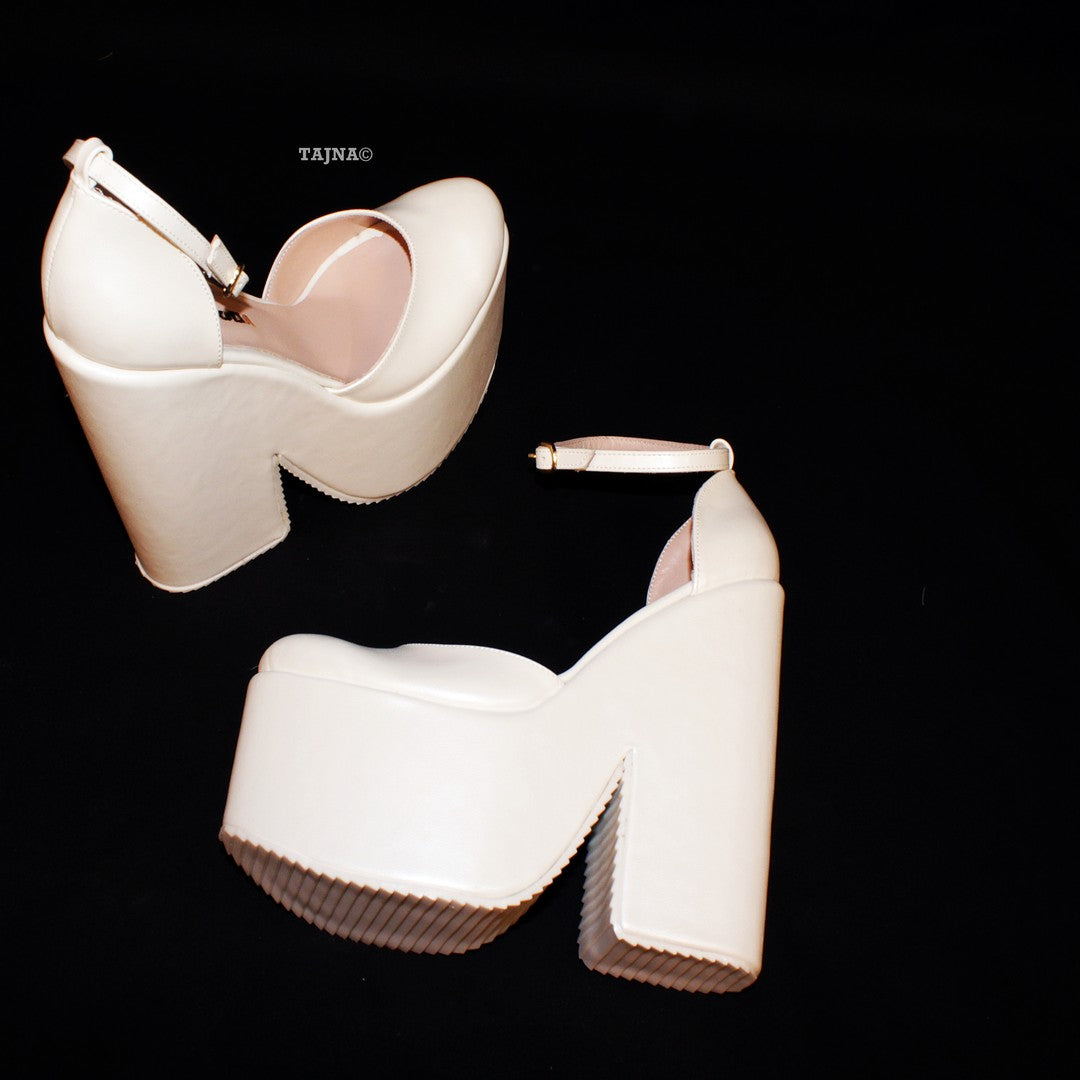 Ivory Closed Toe Ankle Strap Platform 20 cm Wedges - Tajna Club