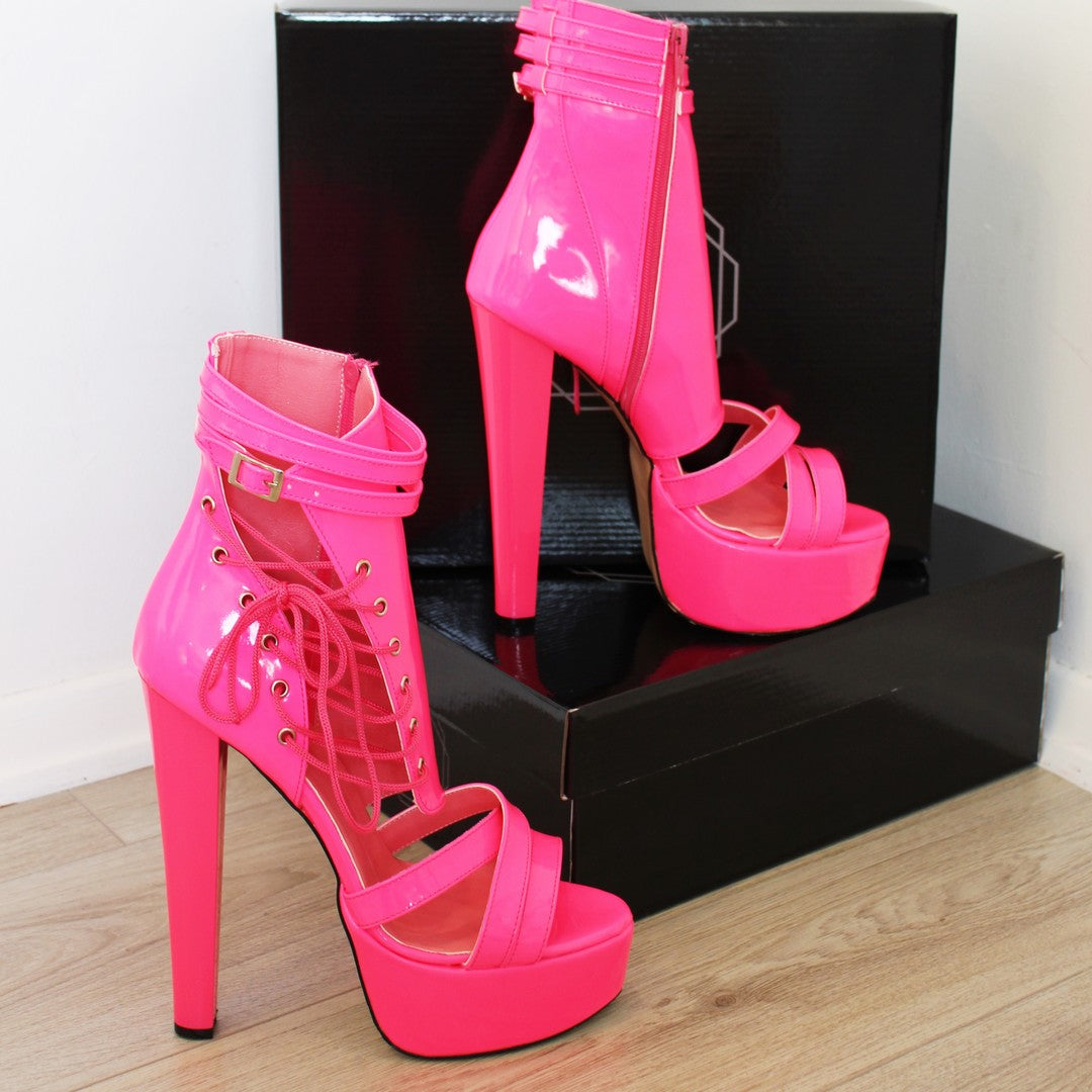 Neon Pink Lace Up Super High Heel Platform Shoes - Tajna Club