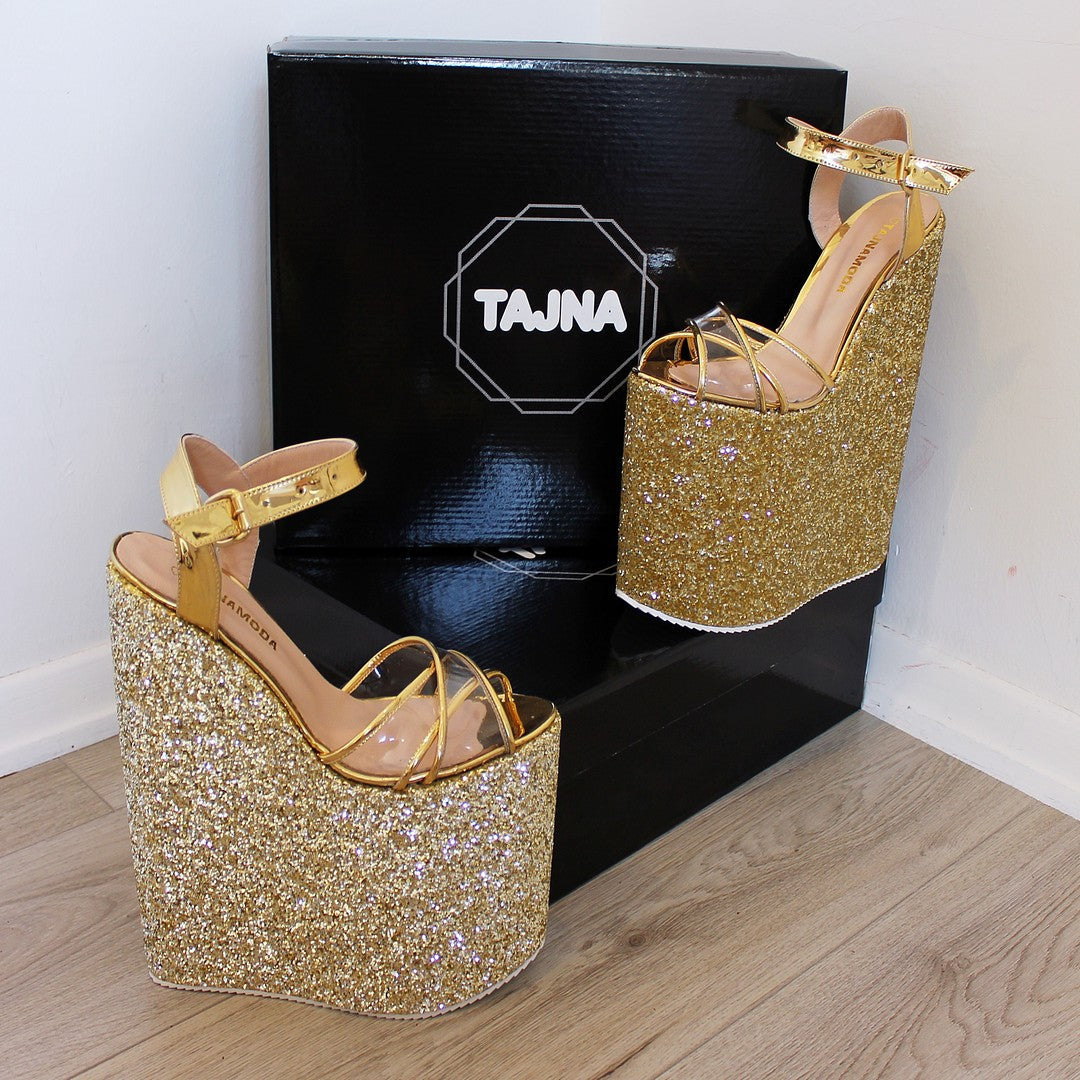 30 cm Gold Shiny Platforms High Heeles Wedge - Main Image