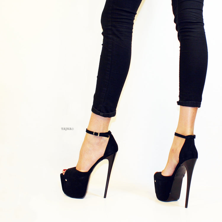 Ankle Strap 19 cm Strap Black Suede Platform - Tajna Club