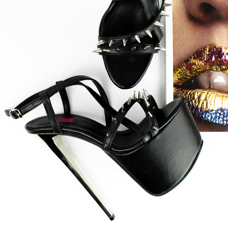 Black Spike Studded Ankle Strap Platform Heels