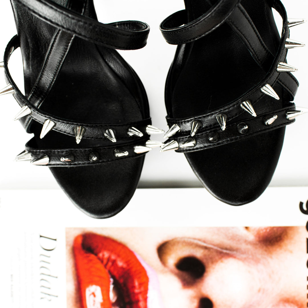 Black Spike Studded Ankle Strap Platform Heels