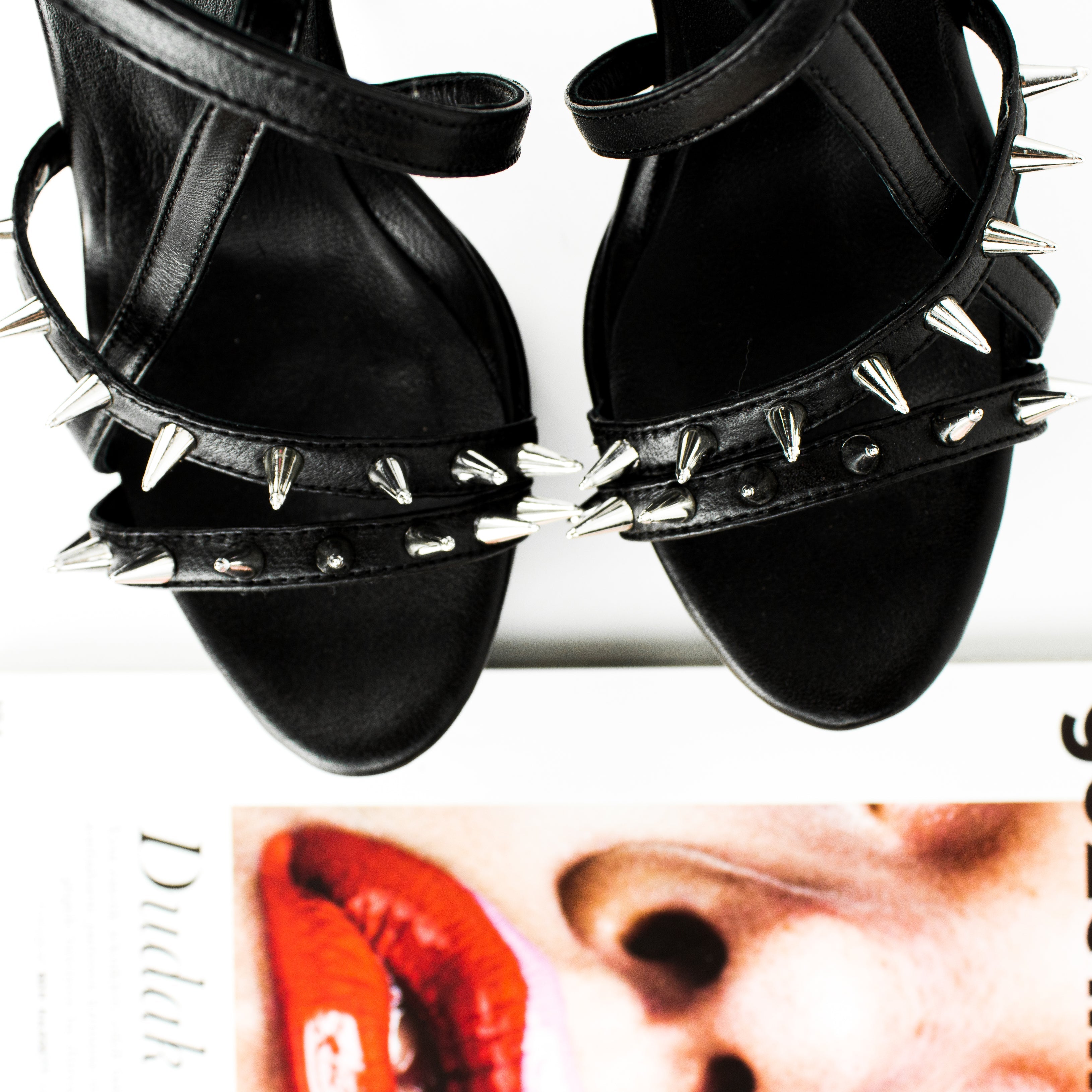 Black Spike Studded Ankle Strap Platform Heels