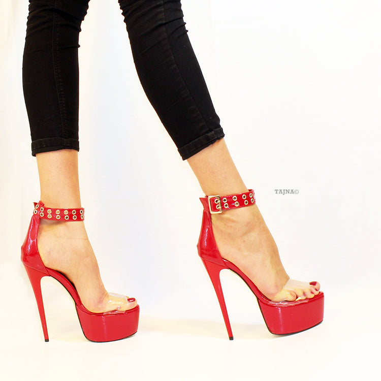 Transparent Strap Red Patent Leather Platform - Tajna Club