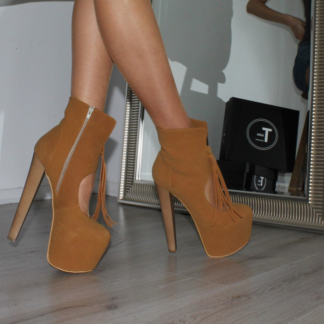 Camel Fringe Platform Ankle Booties - Tajna Club