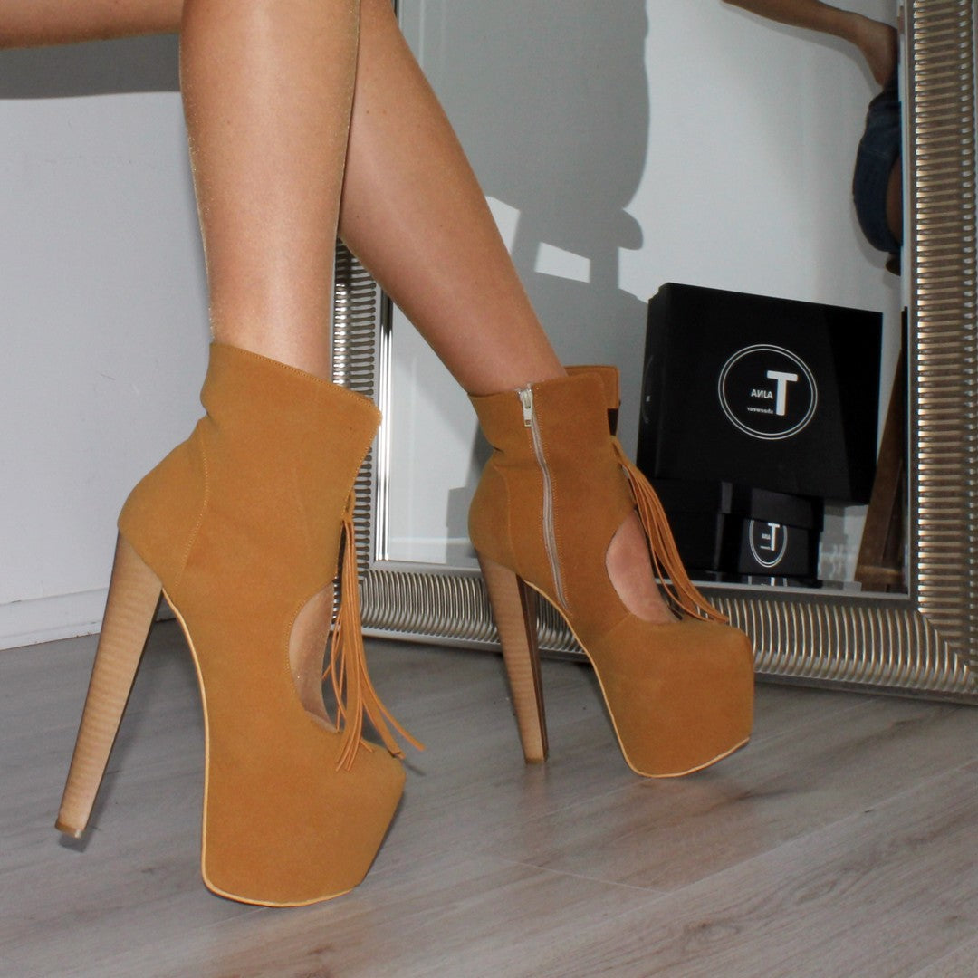 Camel Fringe Platform Ankle Booties - Tajna Club