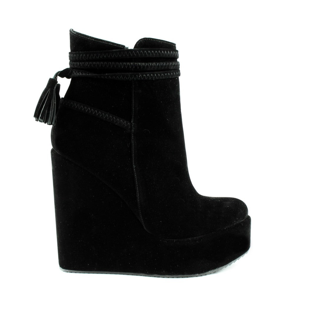 Black Suede Fringe Wedge Booties - Tajna Club