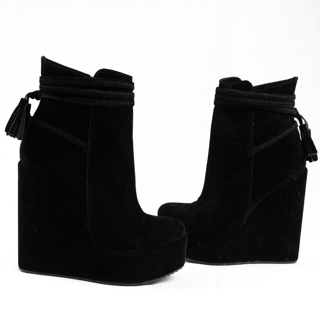 Black Suede Fringe Wedge Booties - Tajna Club