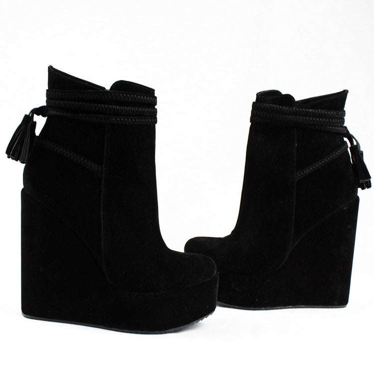 Black Suede Fringe Wedge Booties - Tajna Club