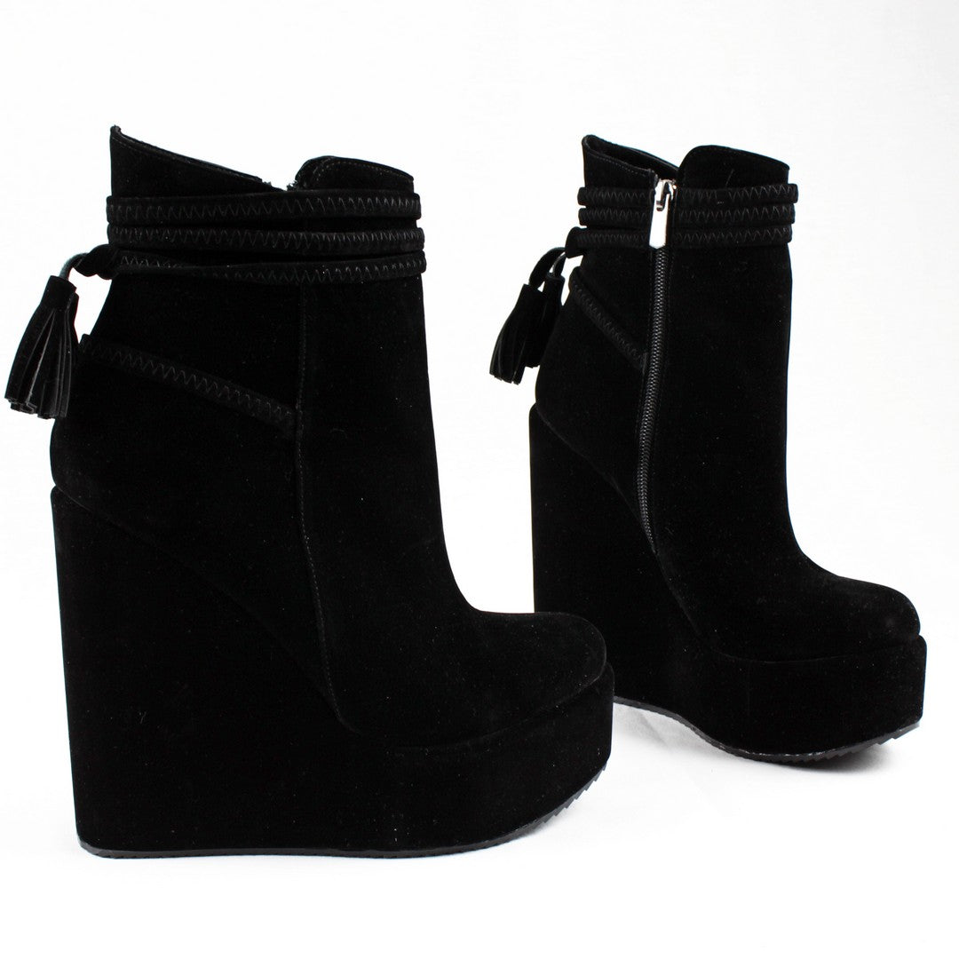 Black Suede Fringe Wedge Booties - Tajna Club