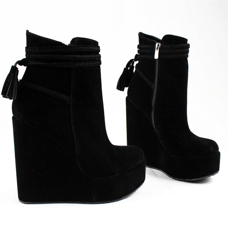 Black Suede Fringe Wedge Booties - Tajna Club