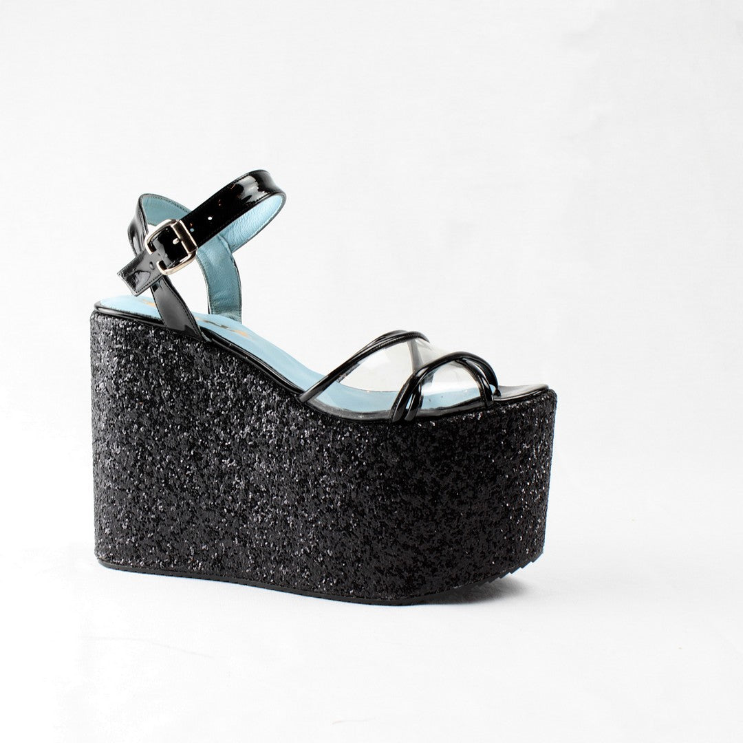 Black Shinny Wedge Platform Sandals - Tajna Club